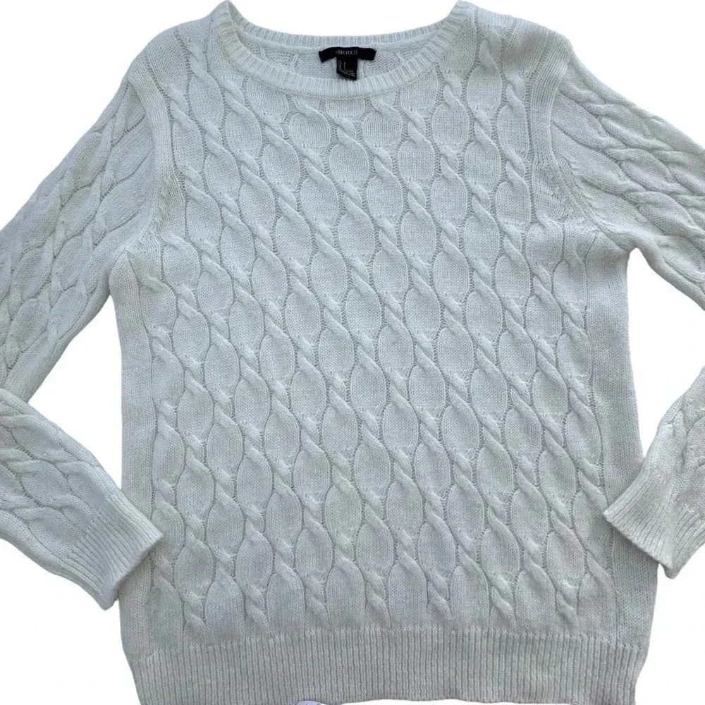 Women Pullover Sweater large L White Cream Rabbit Hair-Wool Cable Knit - Picture 4 of 7